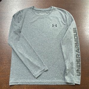 Under Armour. Boys (L). Gray, long-sleeve, athletic shirt.
